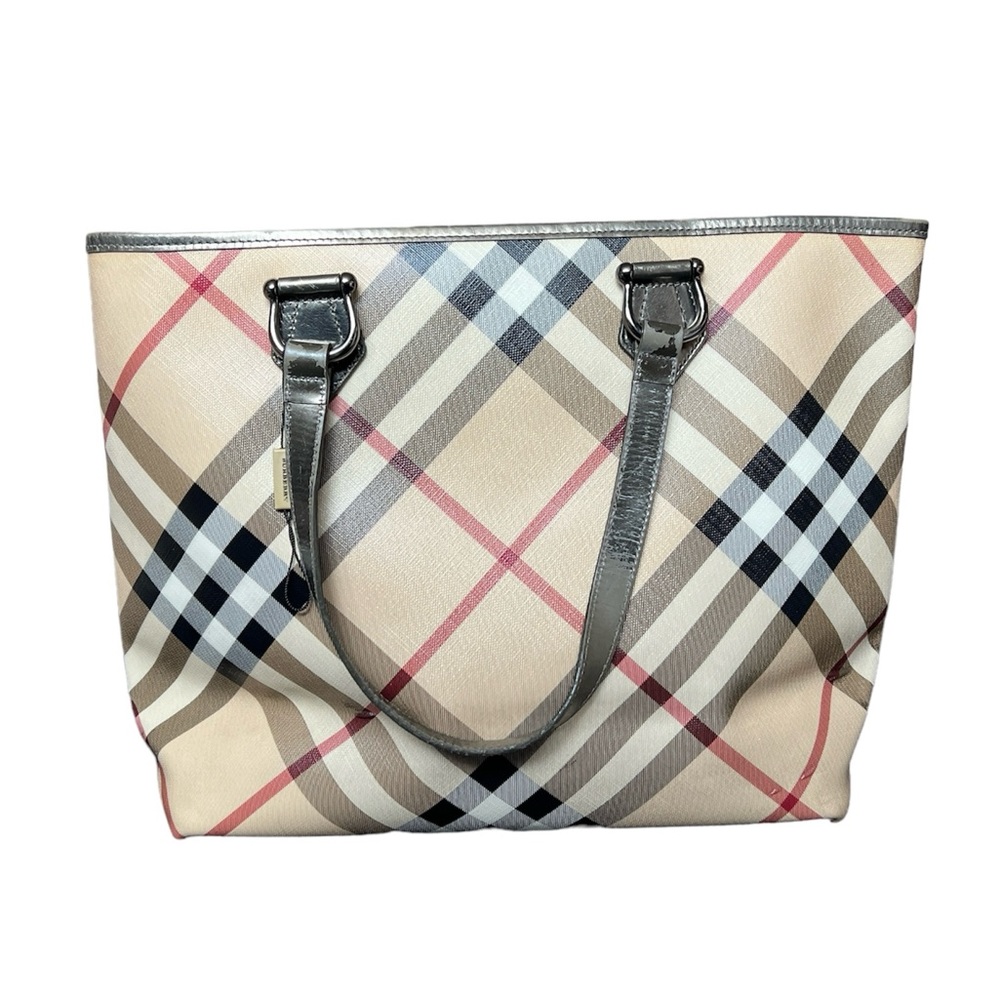 Burberry Bag Genuine Canvas Checks Leather Large Tote Open Top Handle Flawed Gem